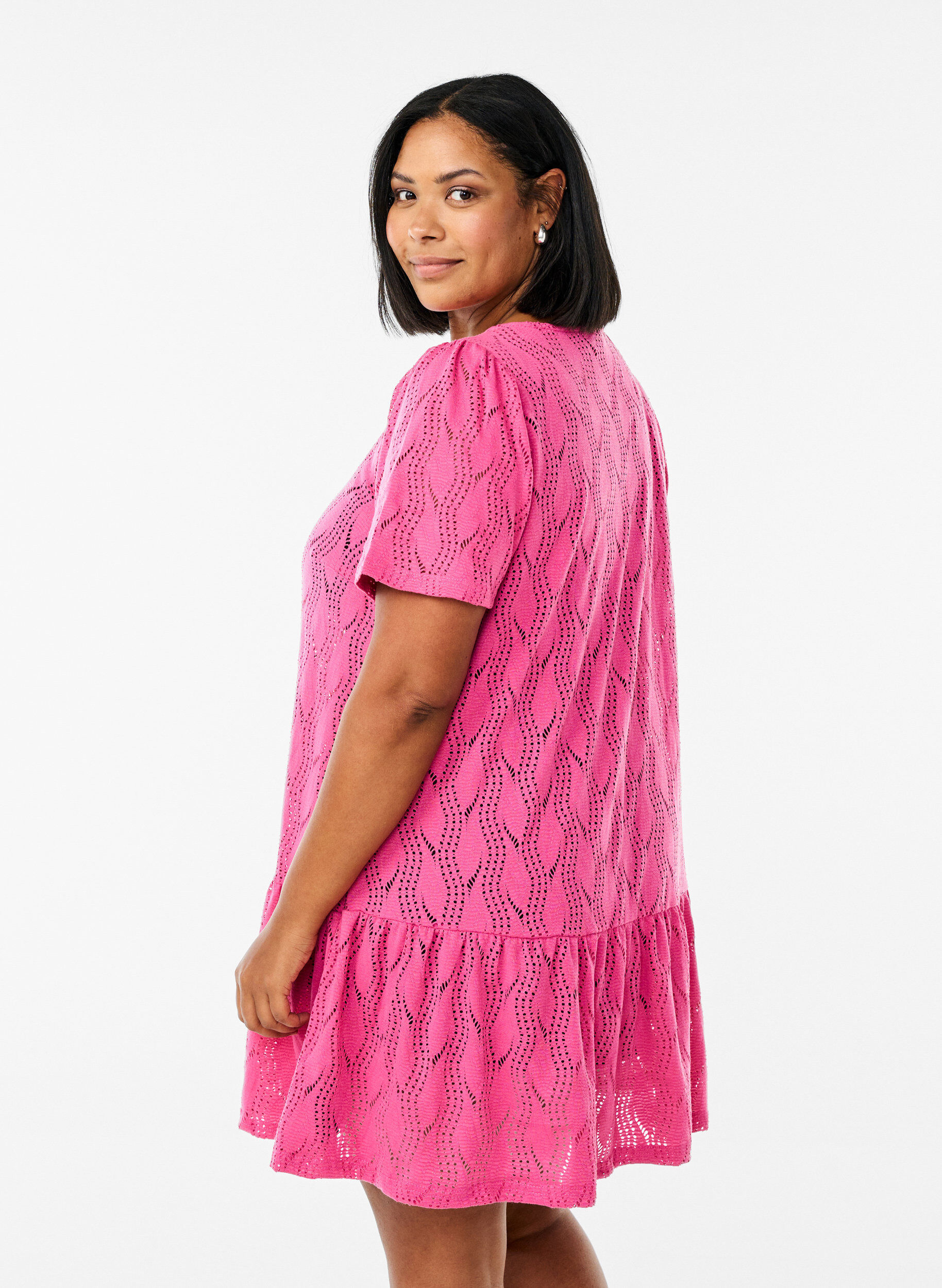 Zizzifashion Short jersey dress with eyelet pattern, Pink, Model image number 2