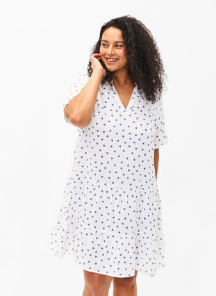 Cotton dress with heart print, Bright White Heart, Model image number 0