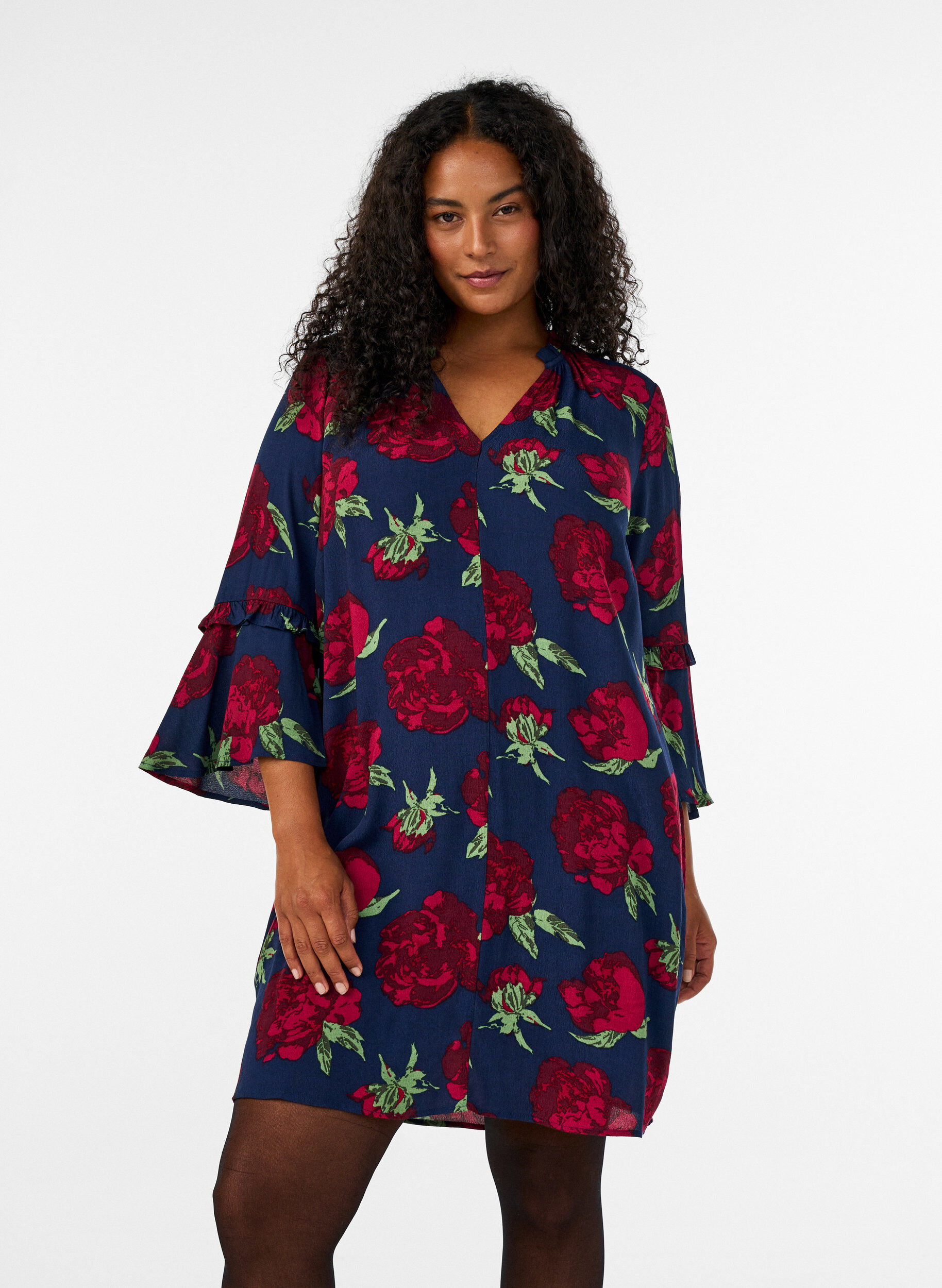 Floral dress in viscose with ruffles, Blue, Model