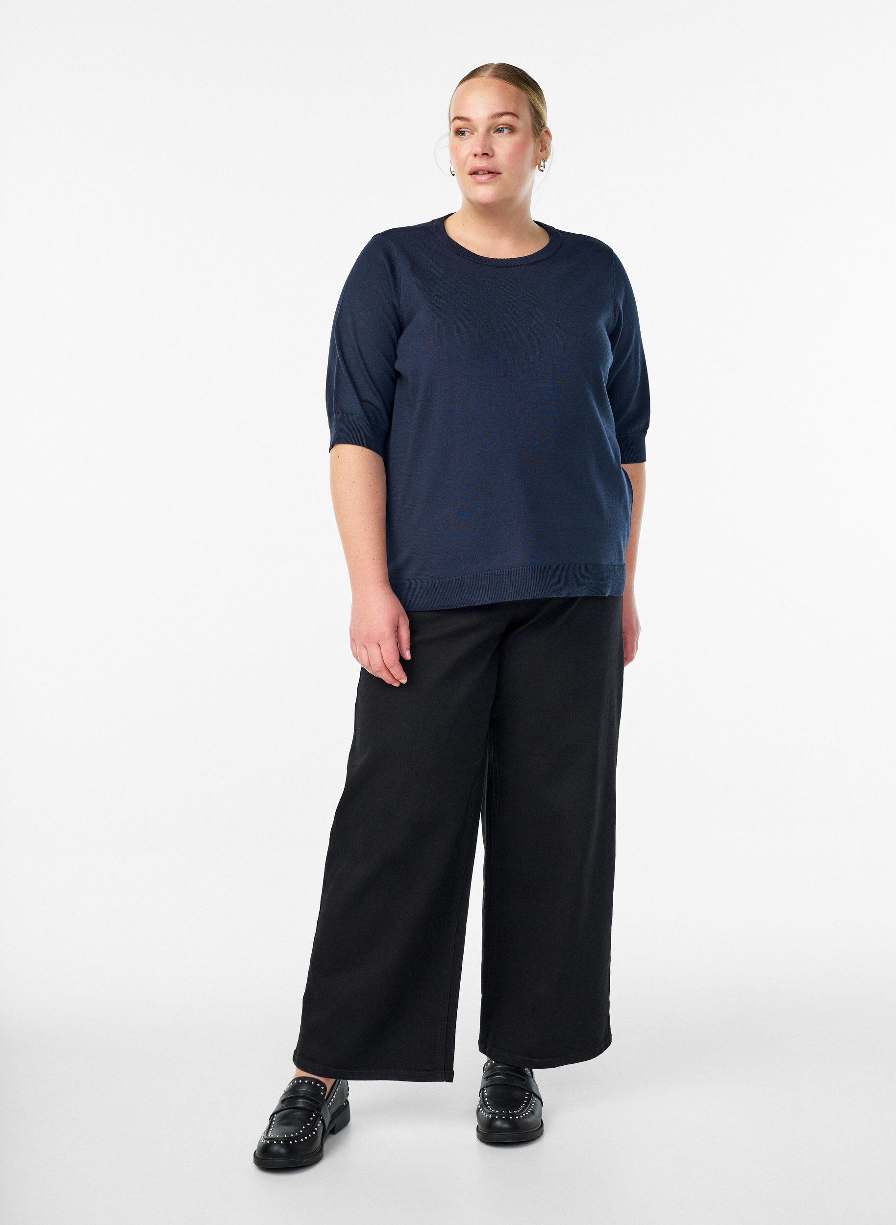 ZizzifashionFine-knit blouse with short sleeves, Blue, Model image number 1