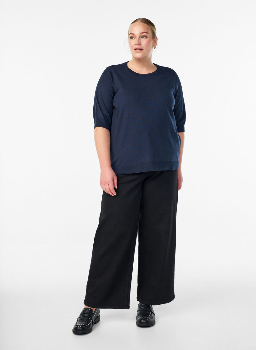 Fine-knit blouse with short sleeves, Blue, Model image number 1