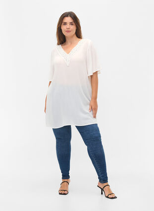 Short-sleeved viscose tunic with lace details, Off White, Model image number 2