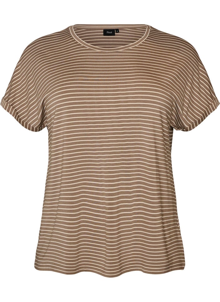 Striped T-shirt in viscose with a round neck, Beige, Packshot image number 0