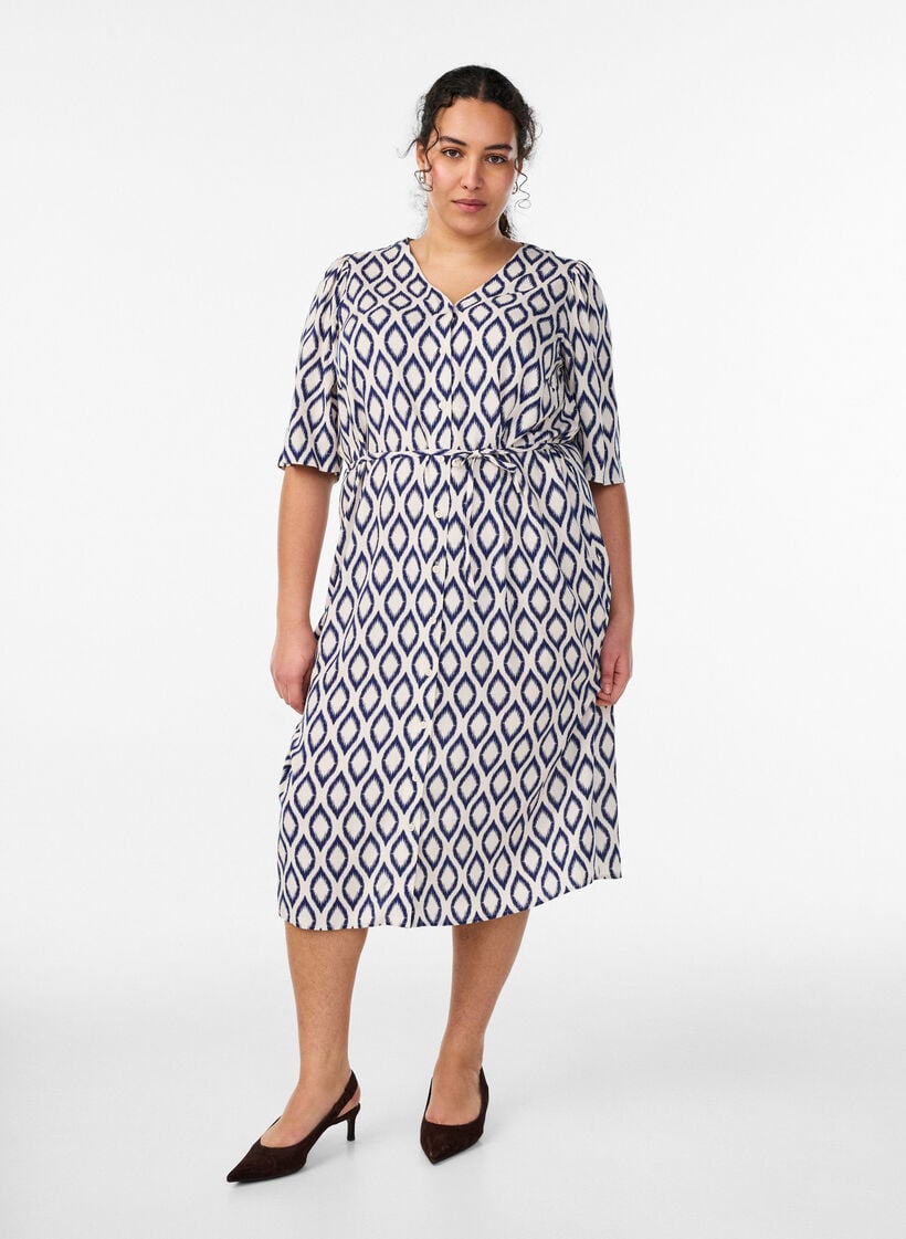 Midi dress with print and tie belt, Vanilla, Model image number 0