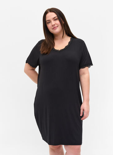 Short-sleeved night dress in viscose, Black, Model image number 0