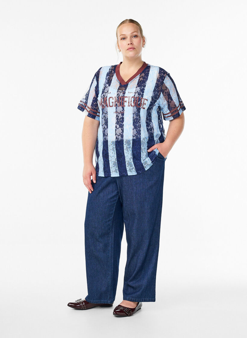 Striped lace blouse with statement print, Light Blue, Model image number 1