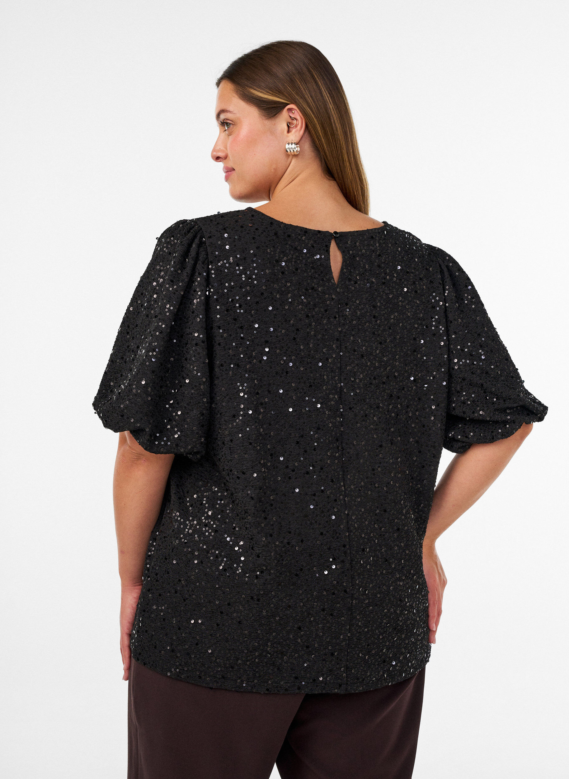 ZizzifashionSequin blouse with balloon sleeves, Black, Model image number 2
