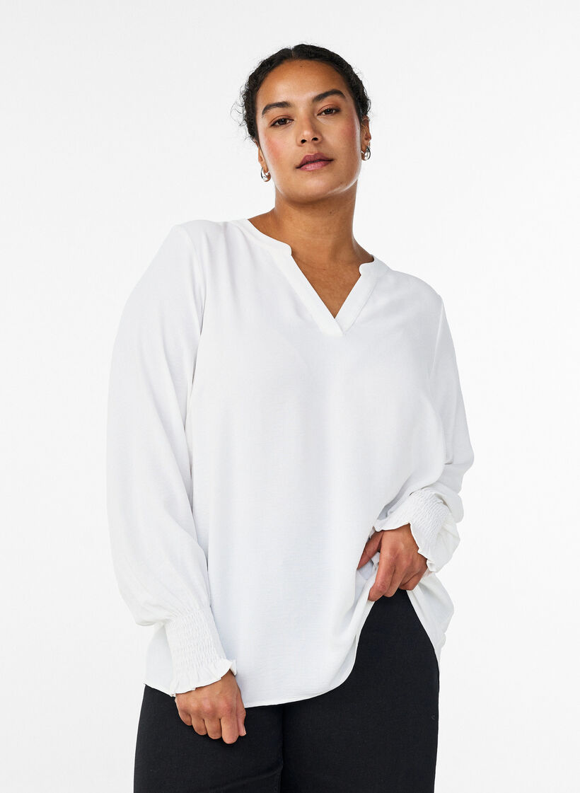Blouse with smock cuffs and V-neck, Vanilla, Model image number 0