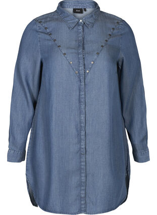 Long-sleeved lyocell tunic with studs, Blue denim, Packshot image number 0