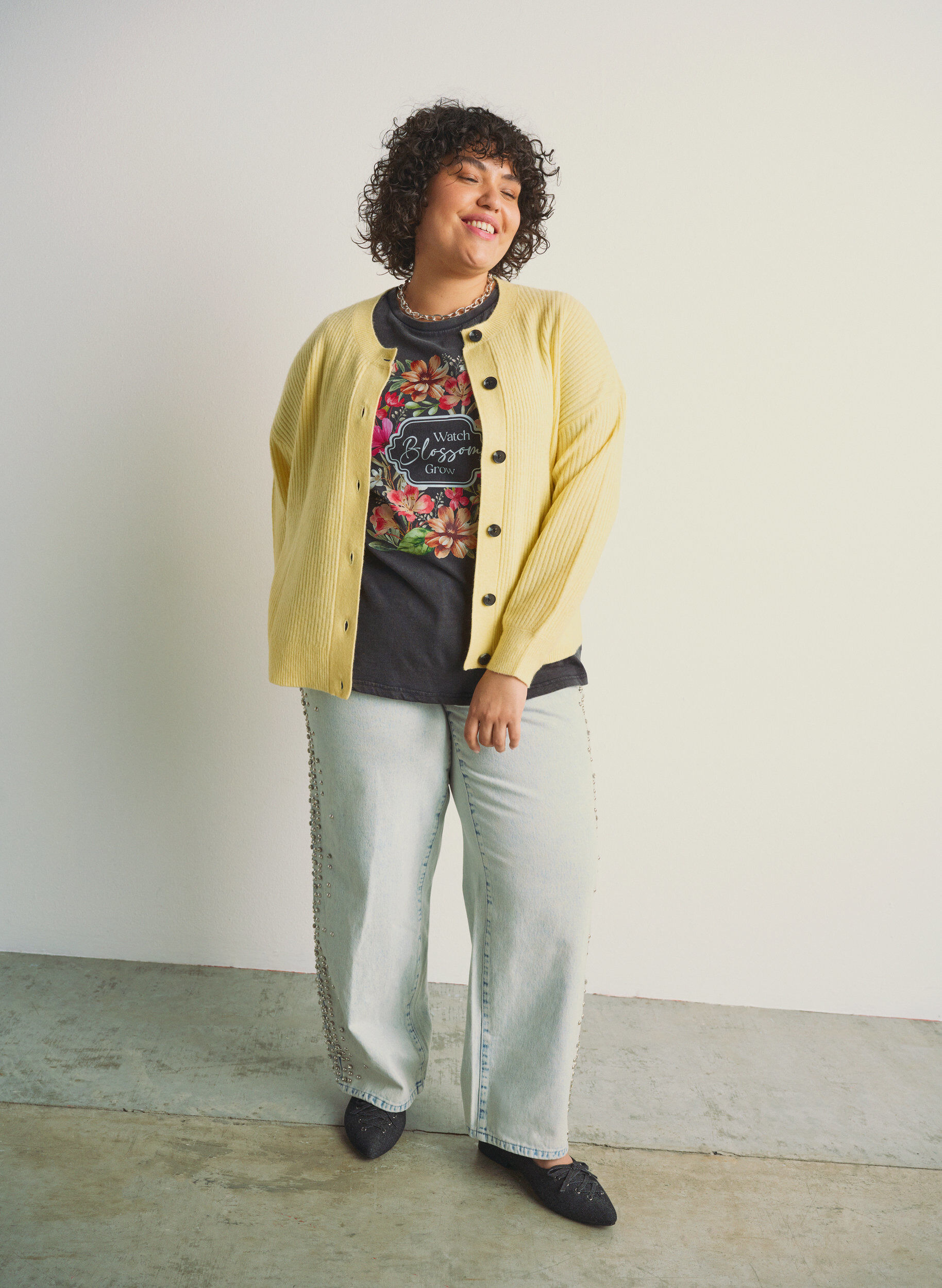 Zizzifashion Ribbed cardigan with buttons, Yellow, Image image number 0