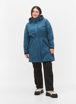 Long, hooded softshell jacket, Stargazer Solid, Model image number 2