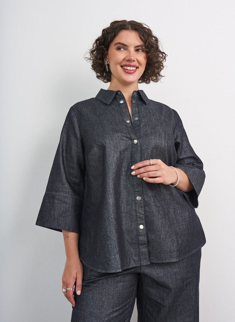 Denim shirt with glitter thread and 3/4 sleeves, Dark Grey, Model image number 0