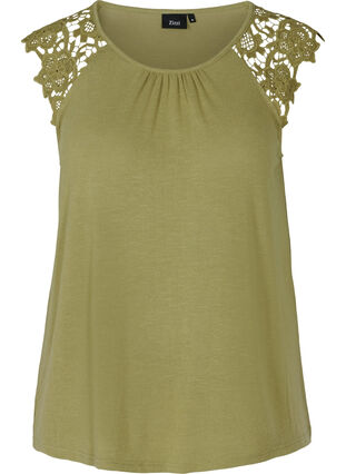 Plain-coloured top with lace sleeves, Aloe, Packshot image number 0
