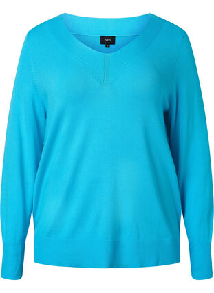 Viscose knitted top with v-neckline, River Blue, Packshot image number 0