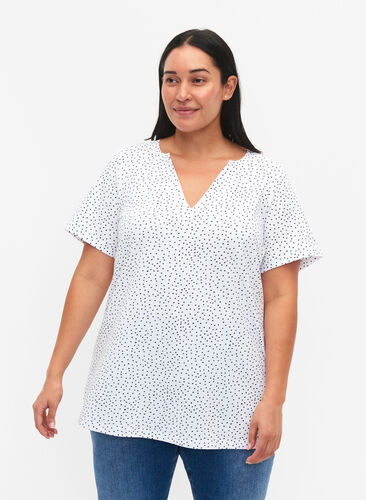 Cotton t-shirt with dots and v-neck, B.White/Black Dot, Model image number 0
