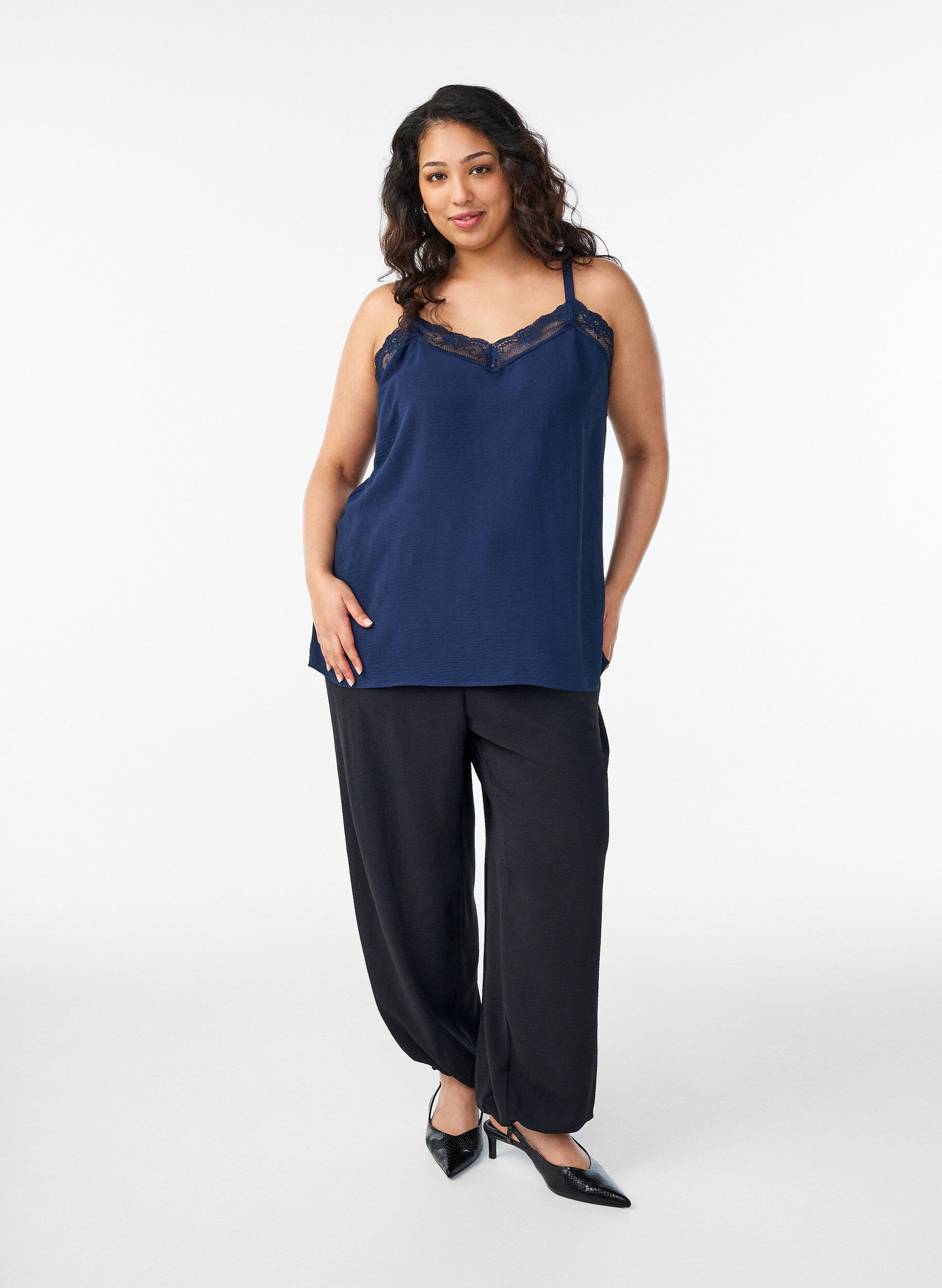 Zizzifashion Cami top with a V-neck and lace trim, Blue, Model image number 1