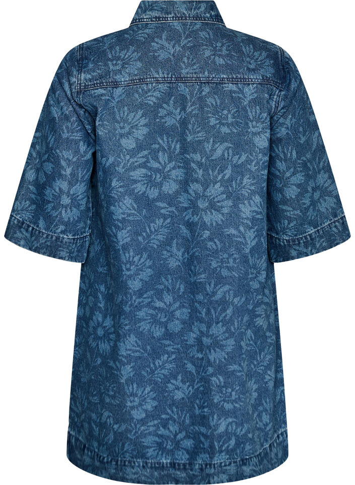 Denim dress with floral print and chest pockets, Blue, Packshot image number 1