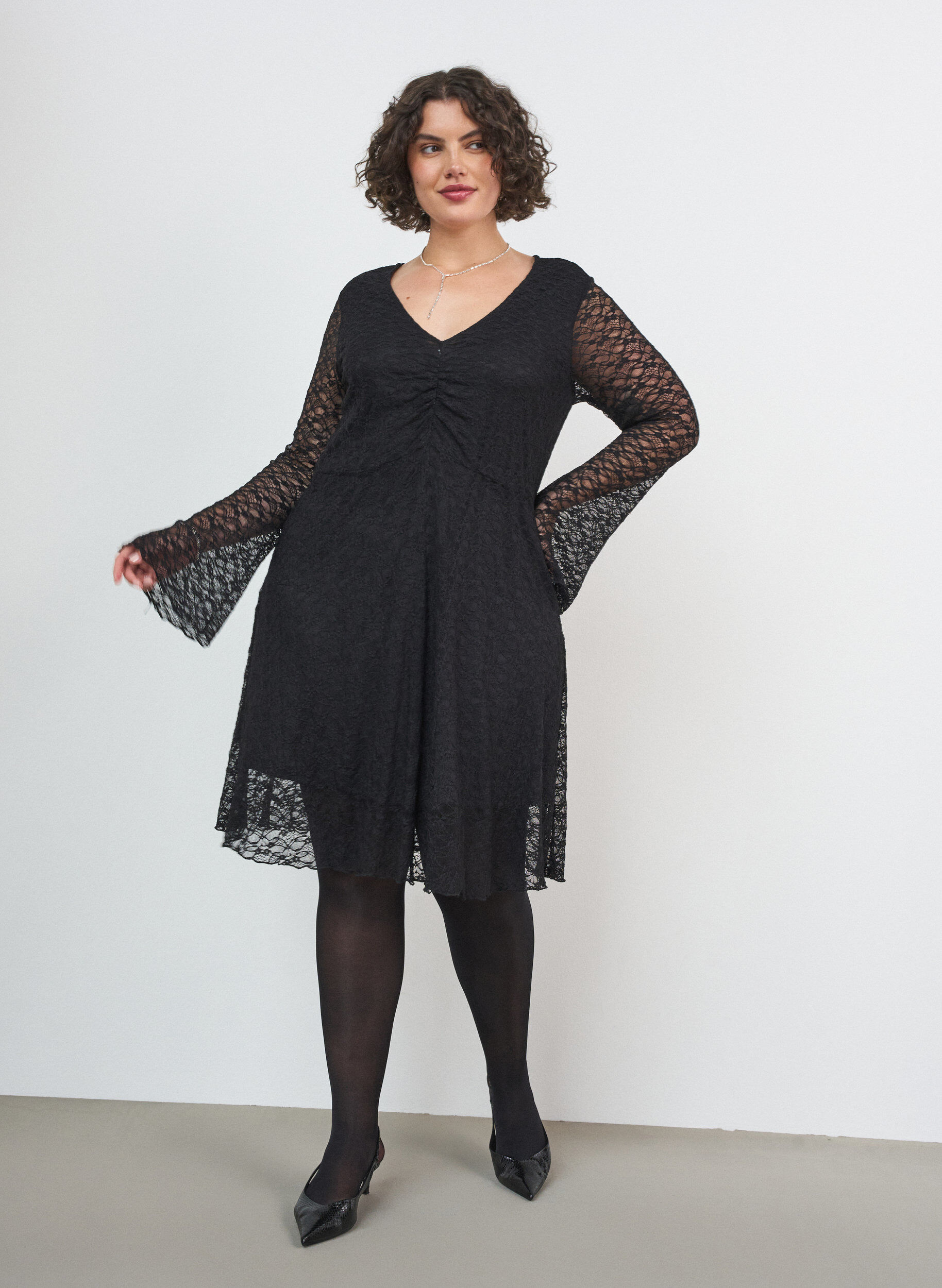 ZizzifashionLace dress with trumpet sleeves and an A-line shape, Black, Model image number 0