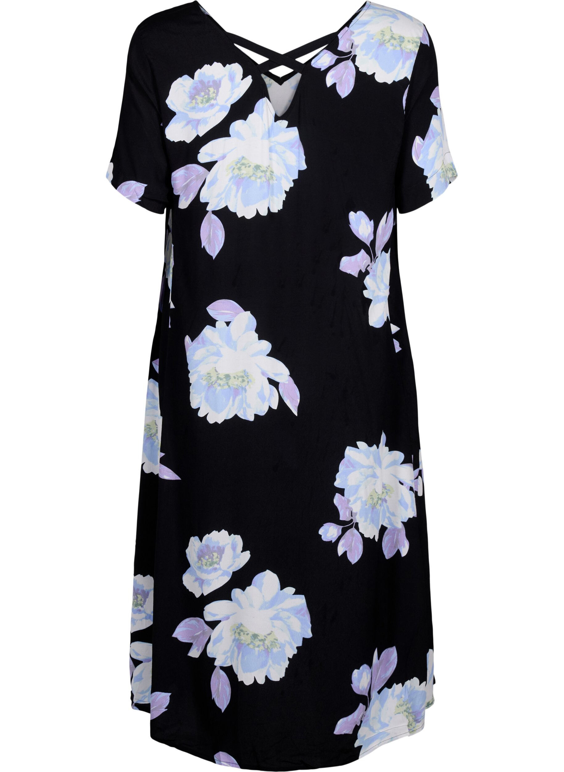 Zizzifashion Floral viscose dress with short sleeves, Black Big Flower AOP, Packshot image number 1