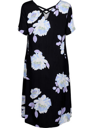 Floral viscose dress with short sleeves, Black Big Flower AOP, Packshot image number 1