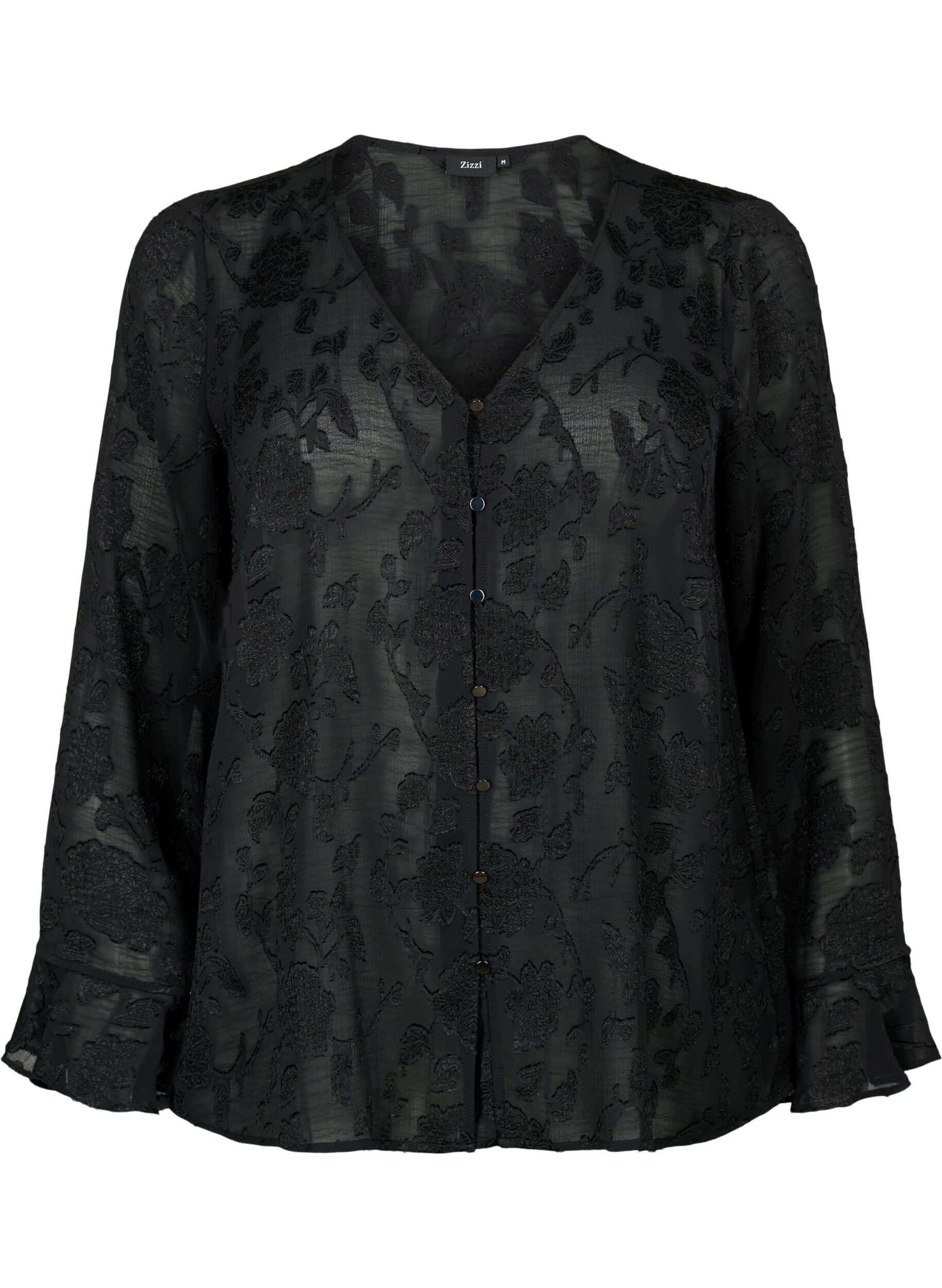 Zizzifashion Long-sleeved shirt with jacquard look, Black, Packshot image number 0
