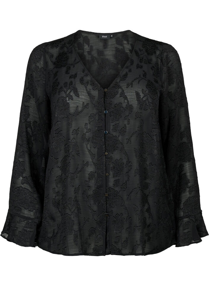 Long-sleeved shirt with jacquard look, Black, Packshot image number 0