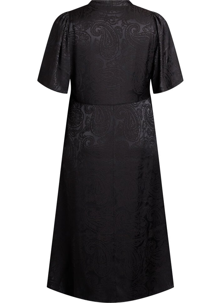 Midi jacquard dress with paisley pattern and wing sleeves, Black, Packshot image number 1