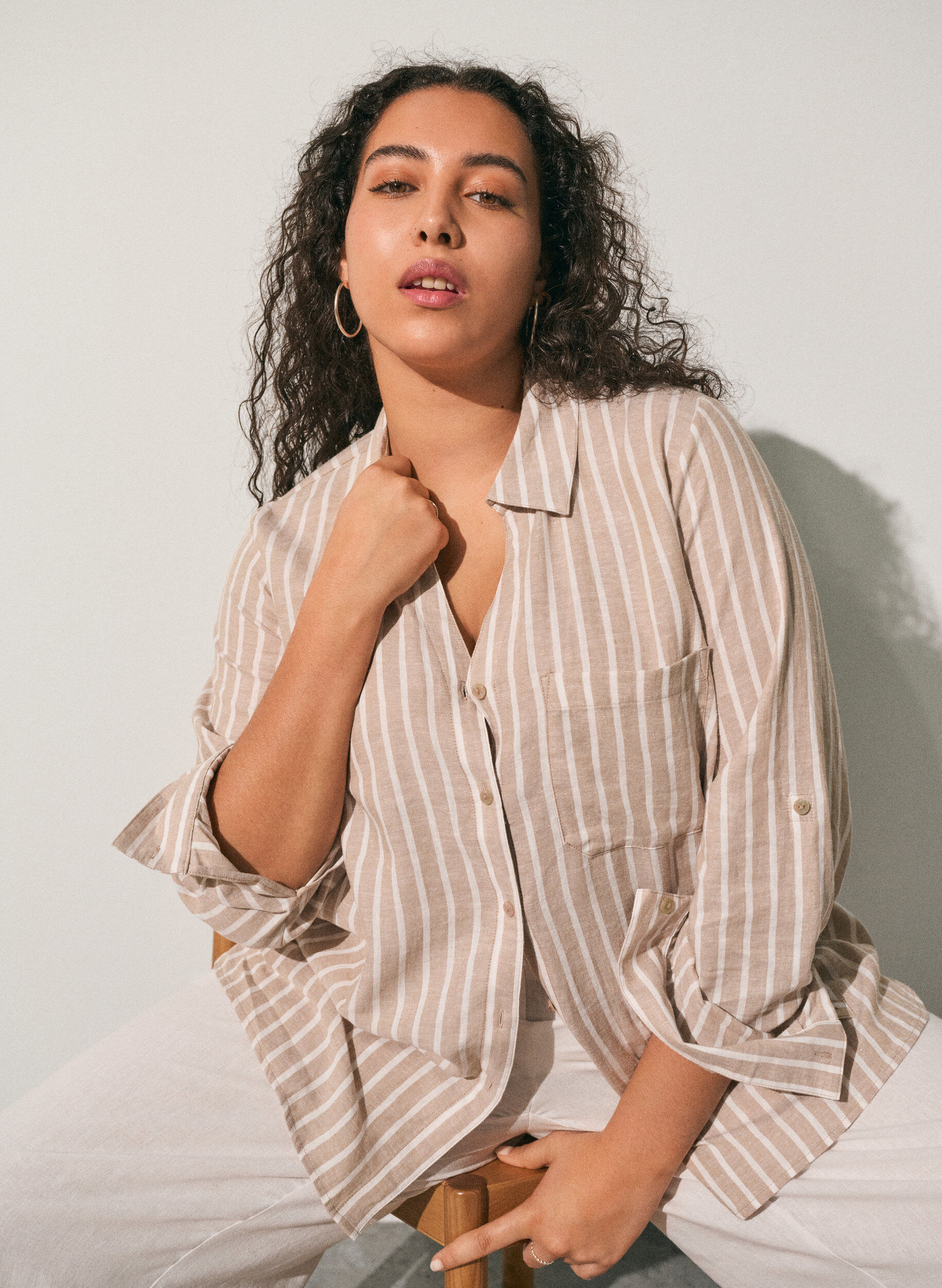 Zizzifashion Shirt in linen and viscose with 3/4 sleeves, Beige, Image image number 0