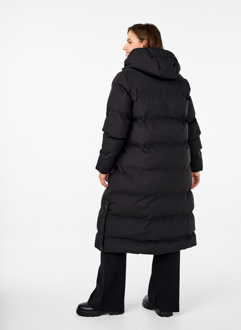 Long puffer winter coat with hood, Black, Model image number 1