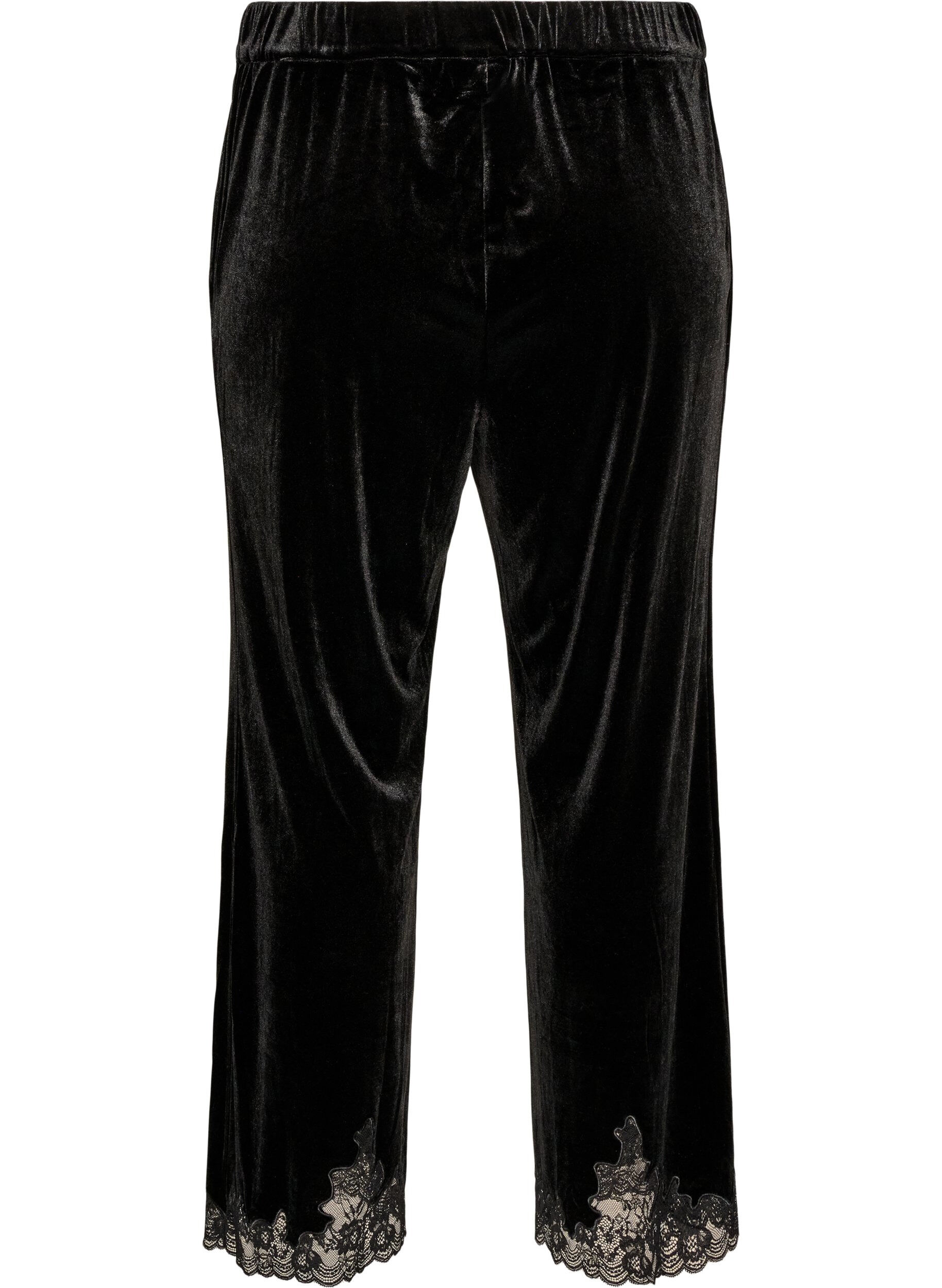 ZizzifashionVelvet trousers with lace trim and wide legs, Black, Packshot image number 1