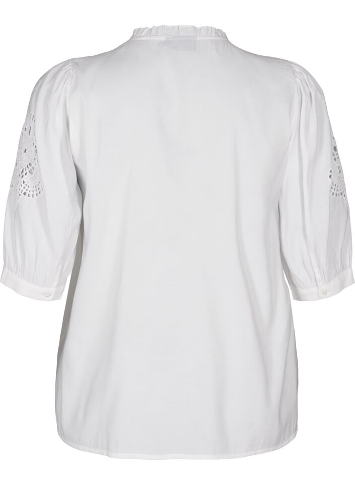 Shirt blouse with ruffles and broderie anglaise, White, Packshot image number 1