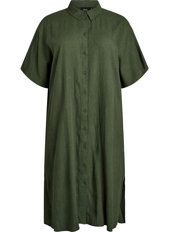 Shirt dress in linen and viscose with short sleeves, Green, Packshot image number 0
