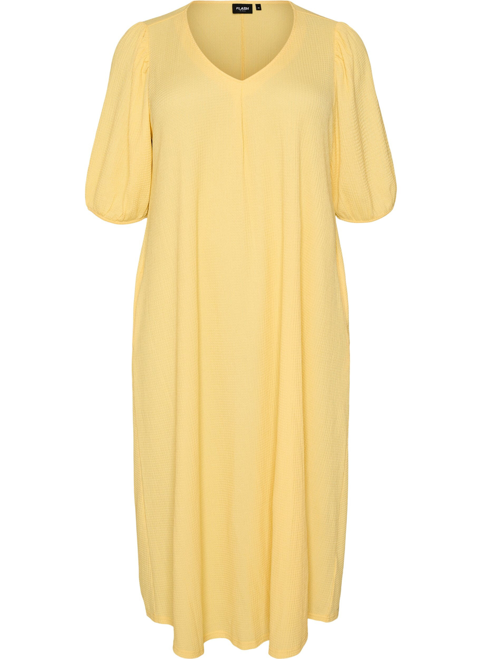 ZizzifashionMidi dress with V-neck and texture, Yellow, Packshot image number 0