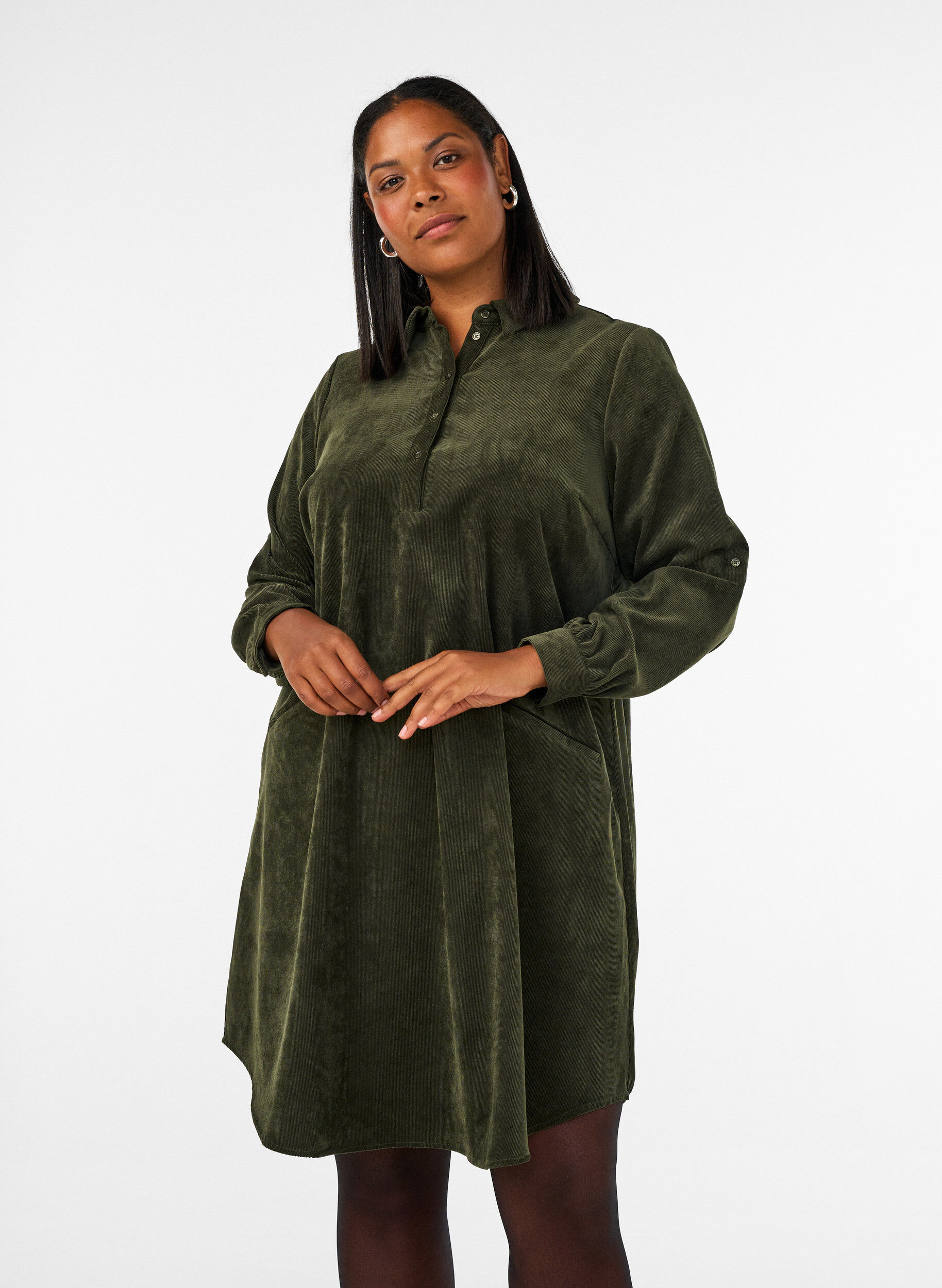 ZizzifashionCorduroy shirt dress with collar and button fastening, Green, Model image number 0