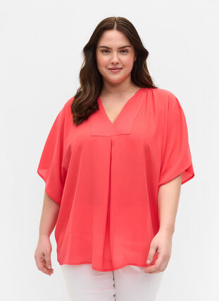 V-neck blouse with batwing sleeves, Hibiscus, Model image number 0