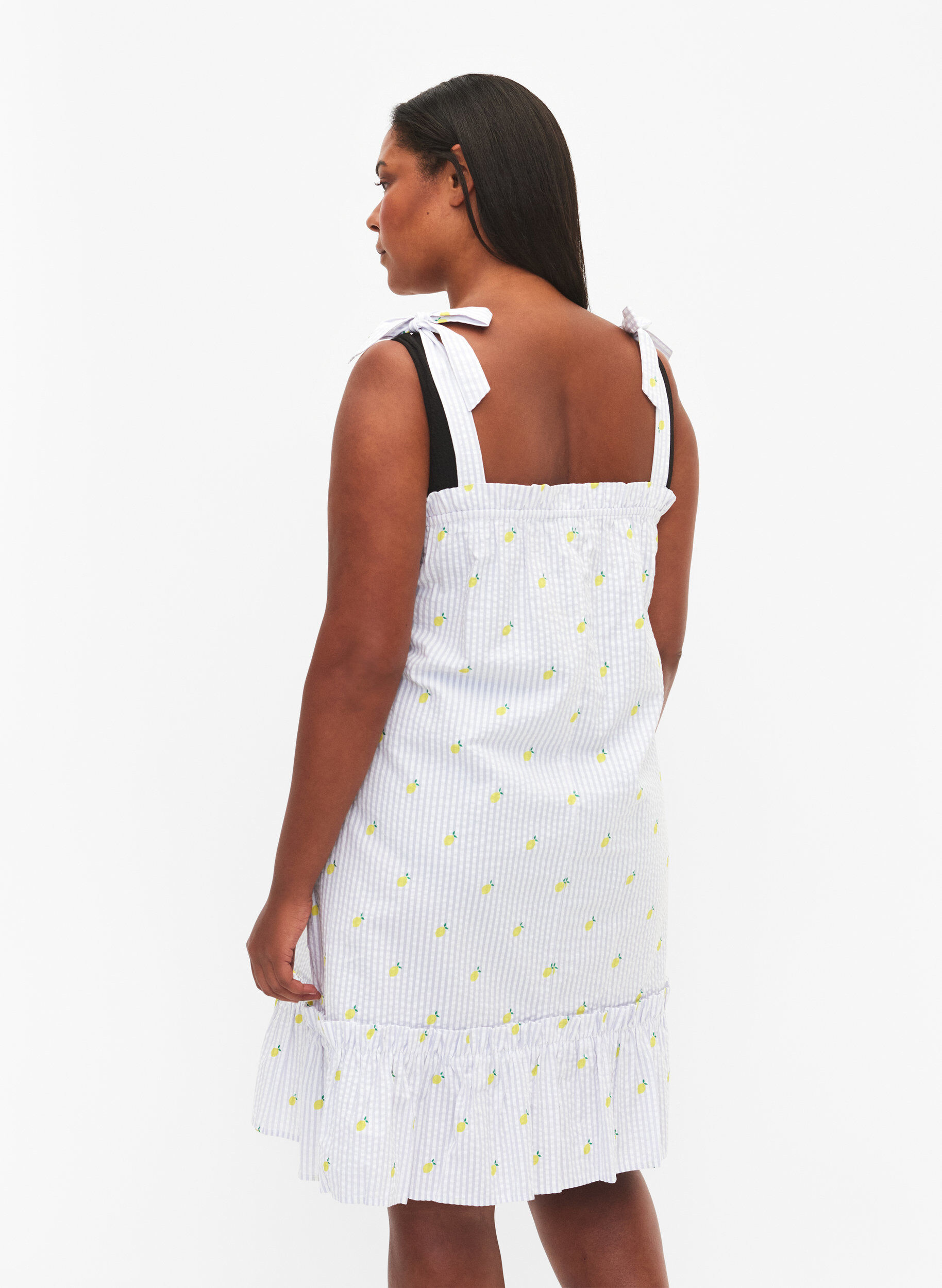 Zizzifashion Beach dress in cotton with tie straps, Lemon Print, Model image number 1