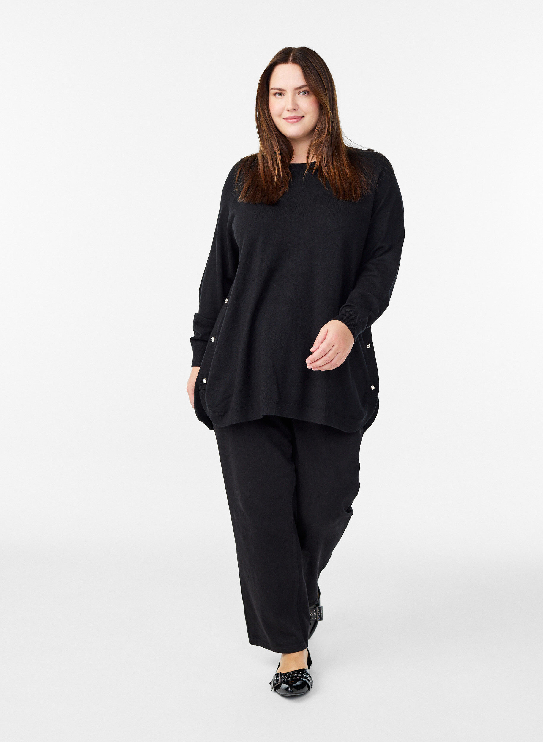 Zizzifashion Knitted blouse with side buttons, Black, Model image number 1