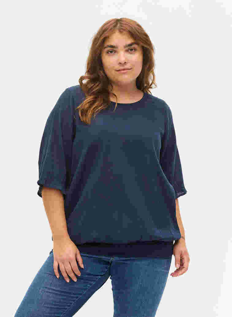 Short-sleeved cotton blouse with smock, Navy Blazer, Model