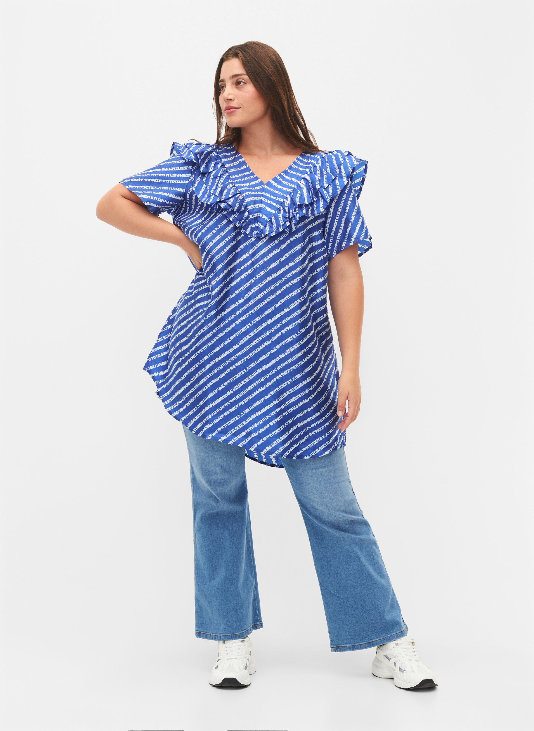 Zizzifashion Striped tunic with frills, S.T.W./White Stripes, Model image number 2