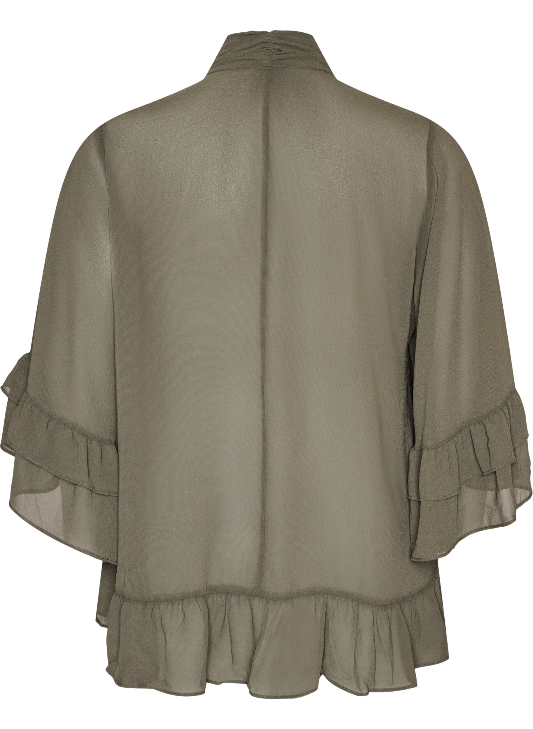 ZizzifashionBlouse with ribbon tie and ruffle details, Dark Grey, Packshot image number 1