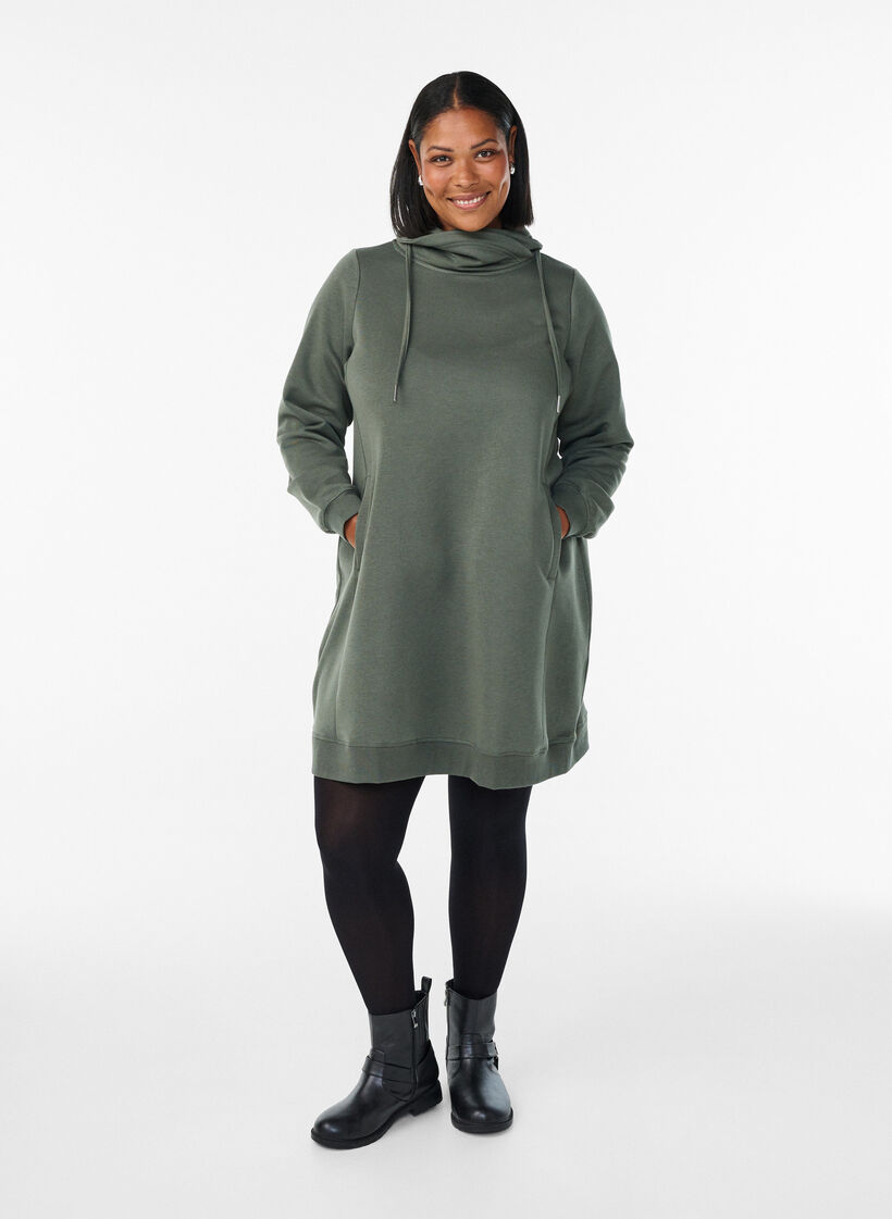 Short sweatshirt dress with high collar and pockets, Green, Model image number 1