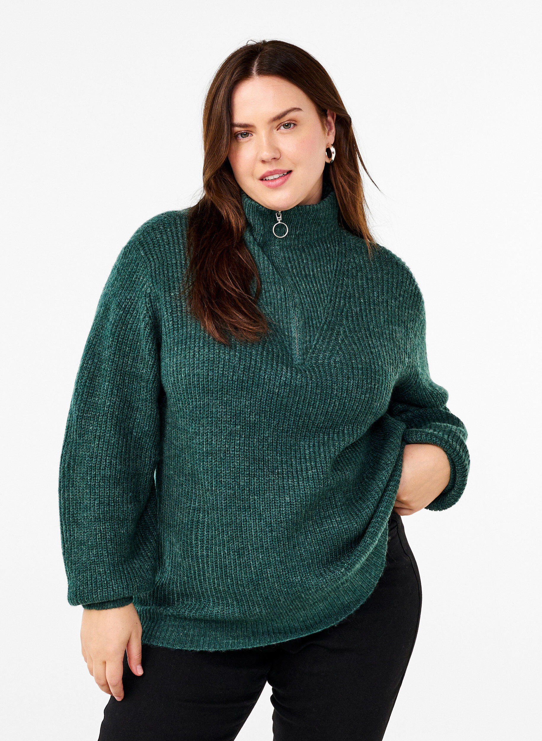 Knitted sweater with high neck and zipper, Green, Model