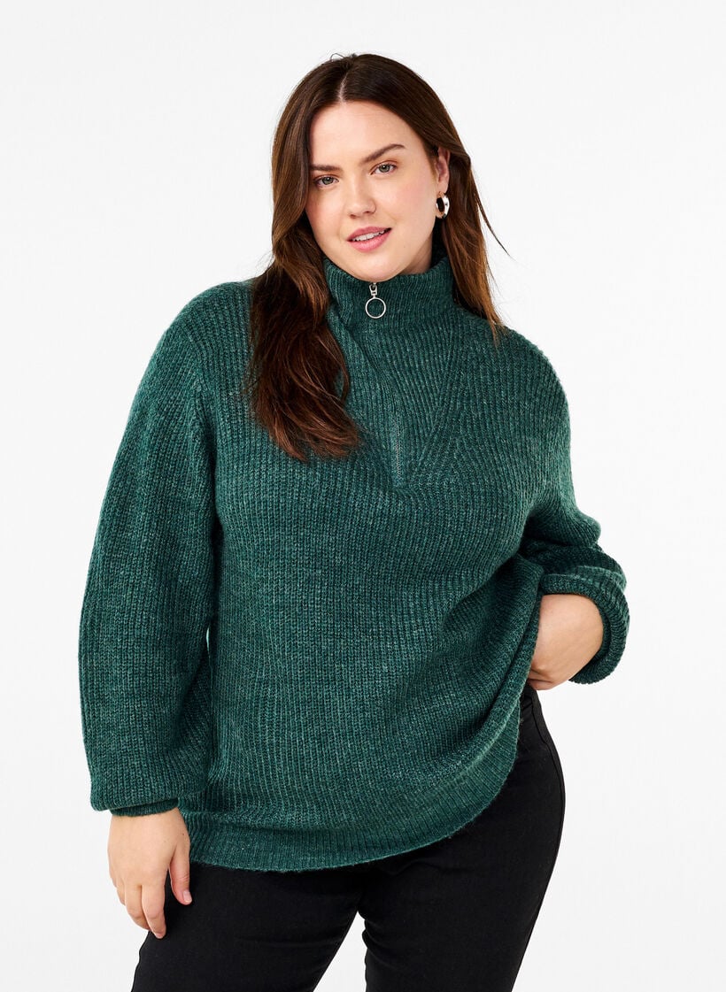 Knitted sweater with high neck and zipper, Green, Model image number 0