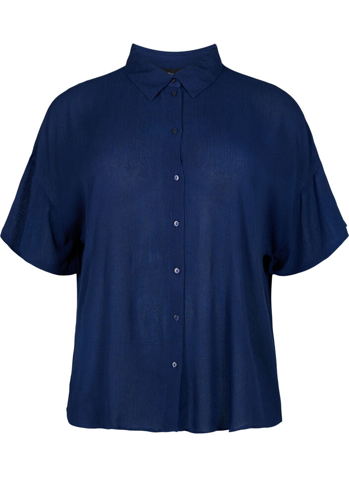Short-sleeved viscose shirt with collar, Medieval Blue, Packshot image number 0