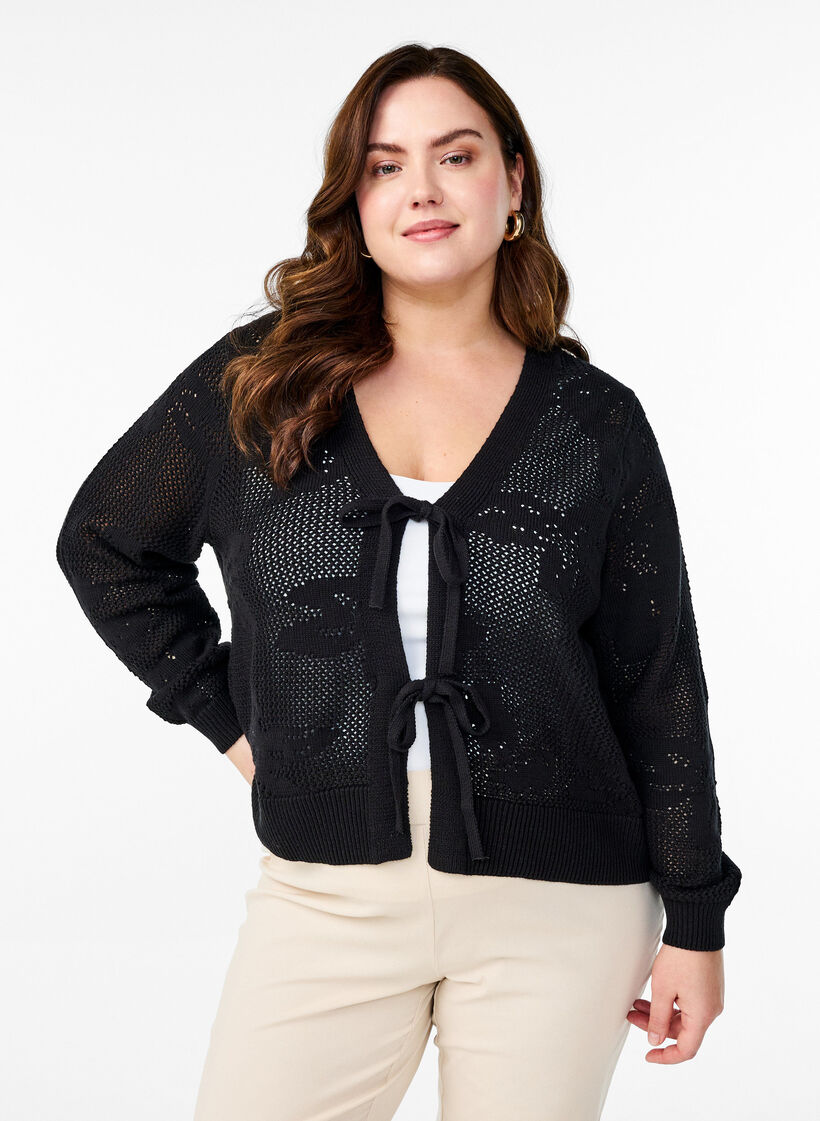 Knitted cardigan with openwork pattern and tie strings, Black, Model image number 0