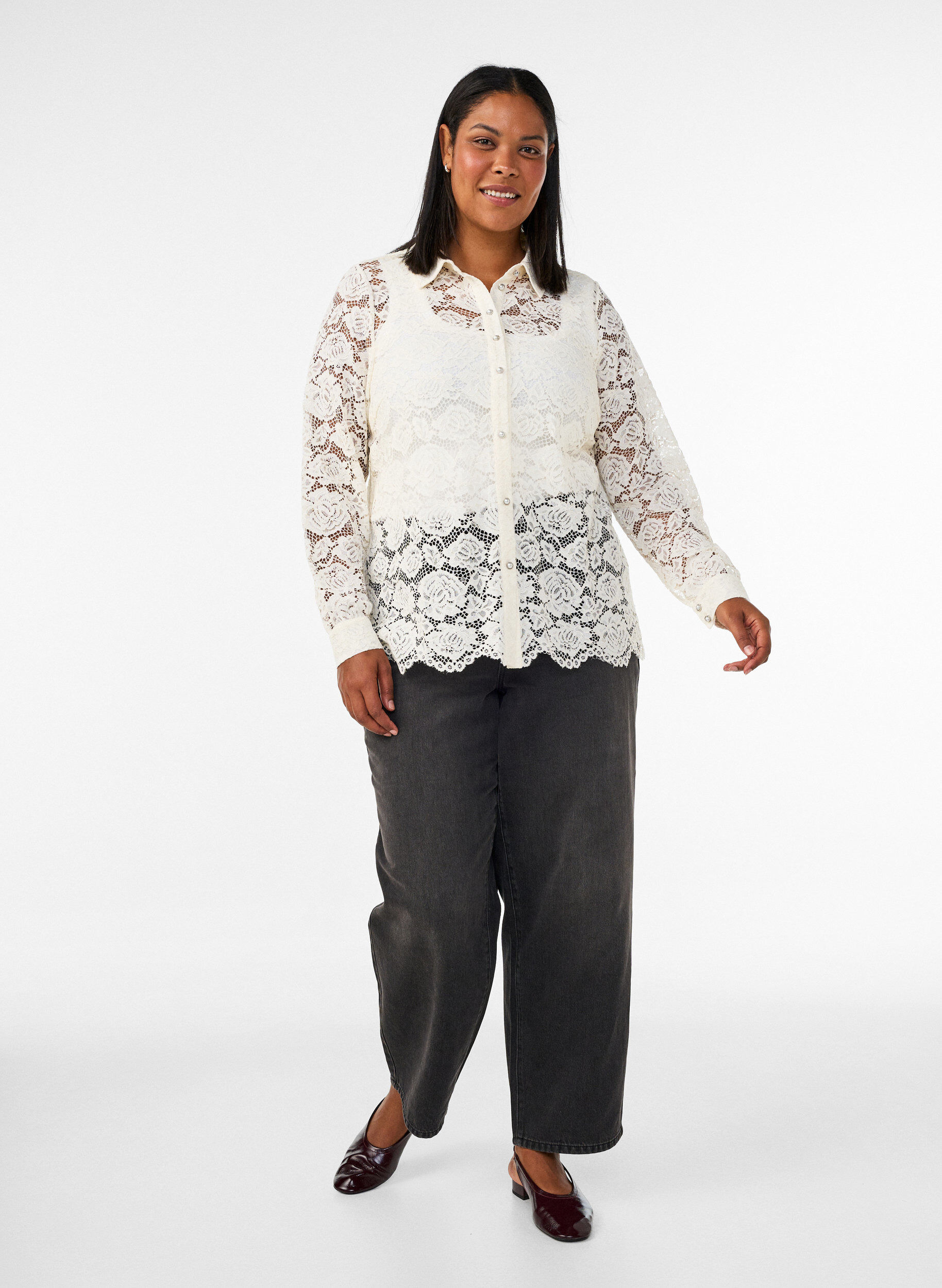 ZizzifashionLace shirt with pearl buttons, Vanilla, Model image number 1