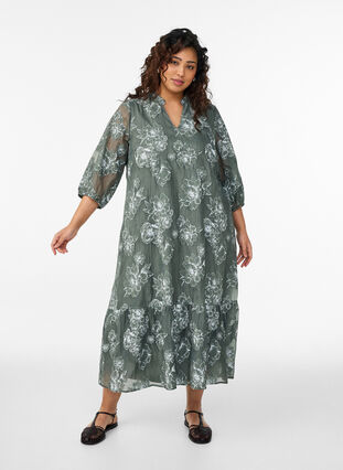 Midi dress with a floral print and sheer 3/4 sleeves - Green - Sz. XXL - Zizzifashion Midi dress with a floral print and sheer 3/4 sleeves - Green - Sz. XXL - Zizzifashion