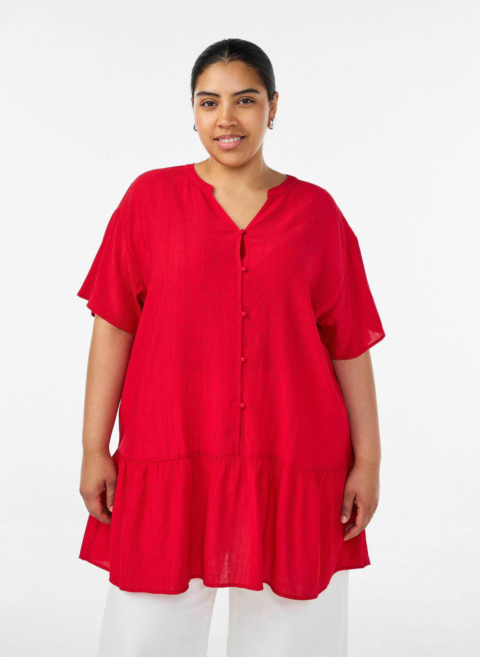 ZizzifashionLoose tunic with crinkled texture and ruffle hem, Red, Model image number 0