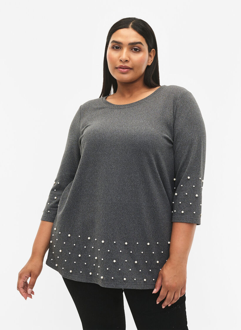 Blouse with pearls and 3/4 sleeves, Dark Grey Melange, Model image number 0