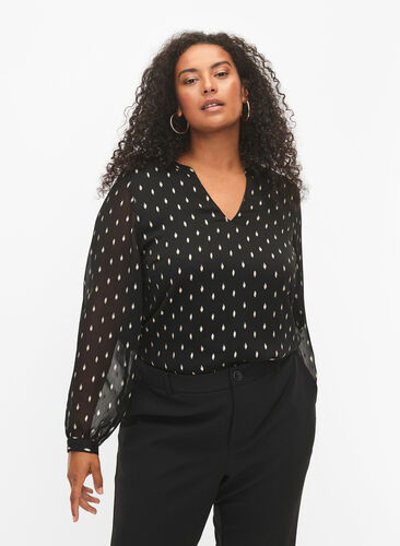 Printed blouse with v-neckline, Black w. Gold, Model image number 0